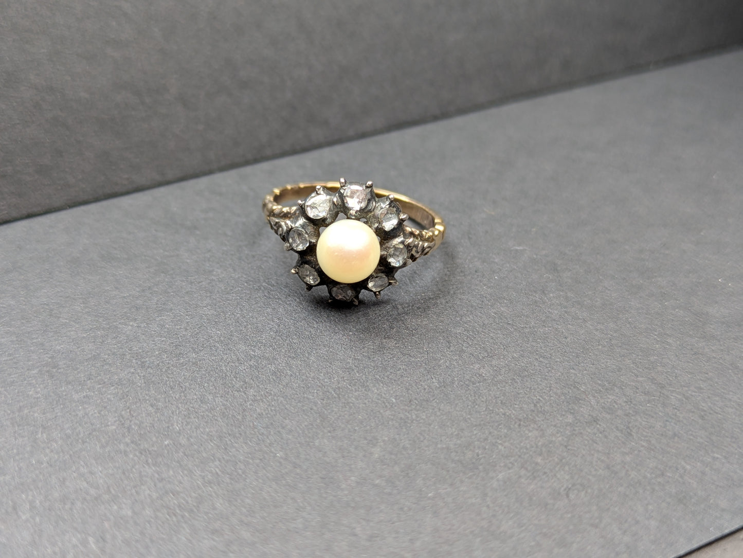 14k and Silver Ring with Rose Cut Diamonds and Pearl Center