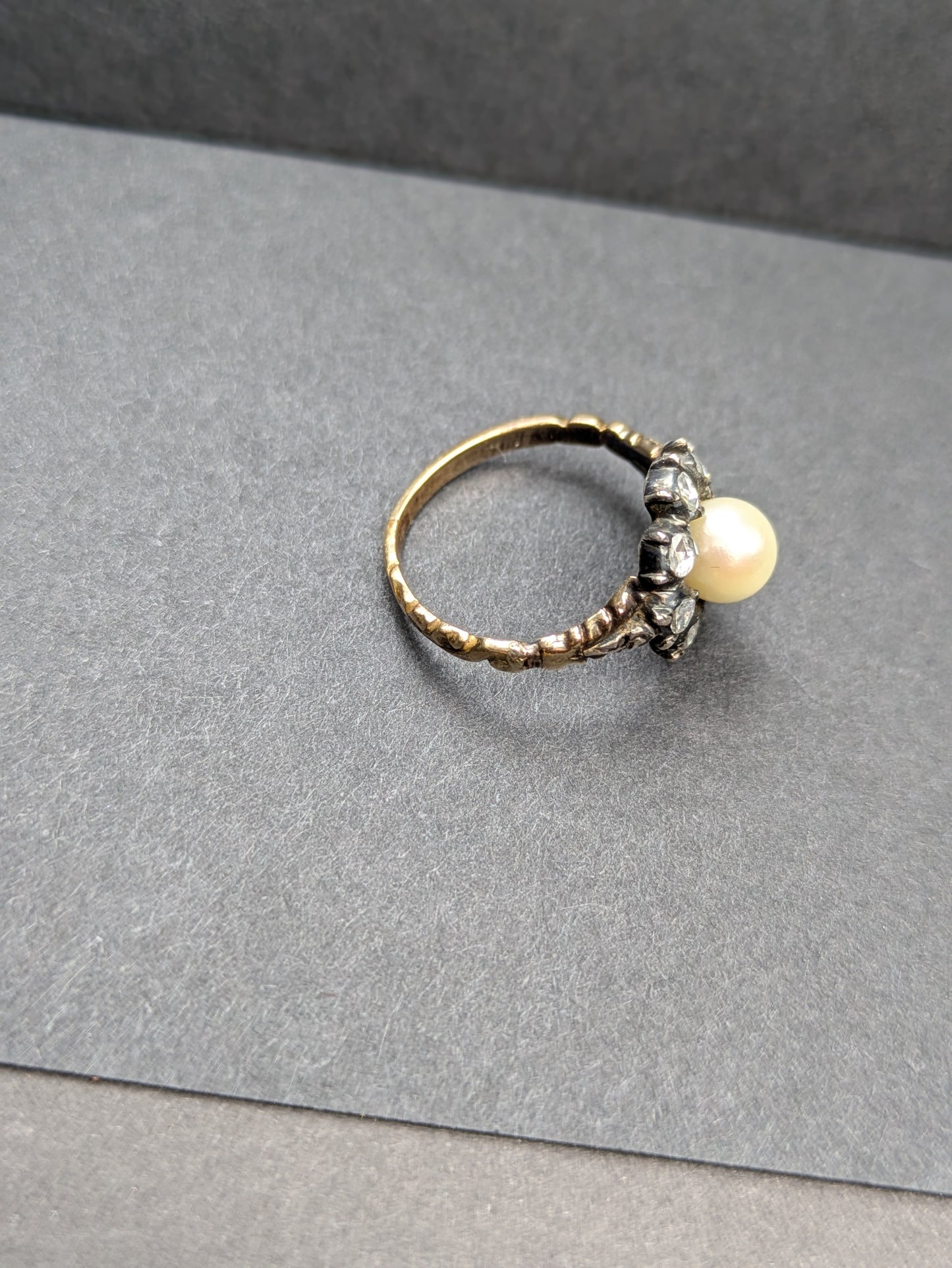 14k and Silver Ring with Rose Cut Diamonds and Pearl Center