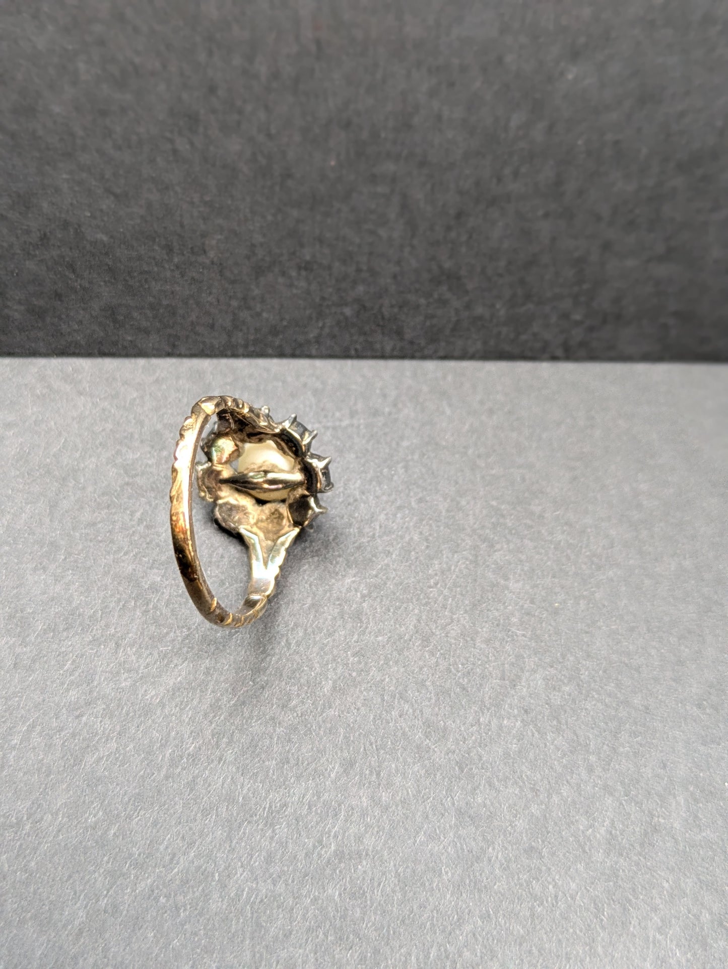 14k and Silver Ring with Rose Cut Diamonds and Pearl Center