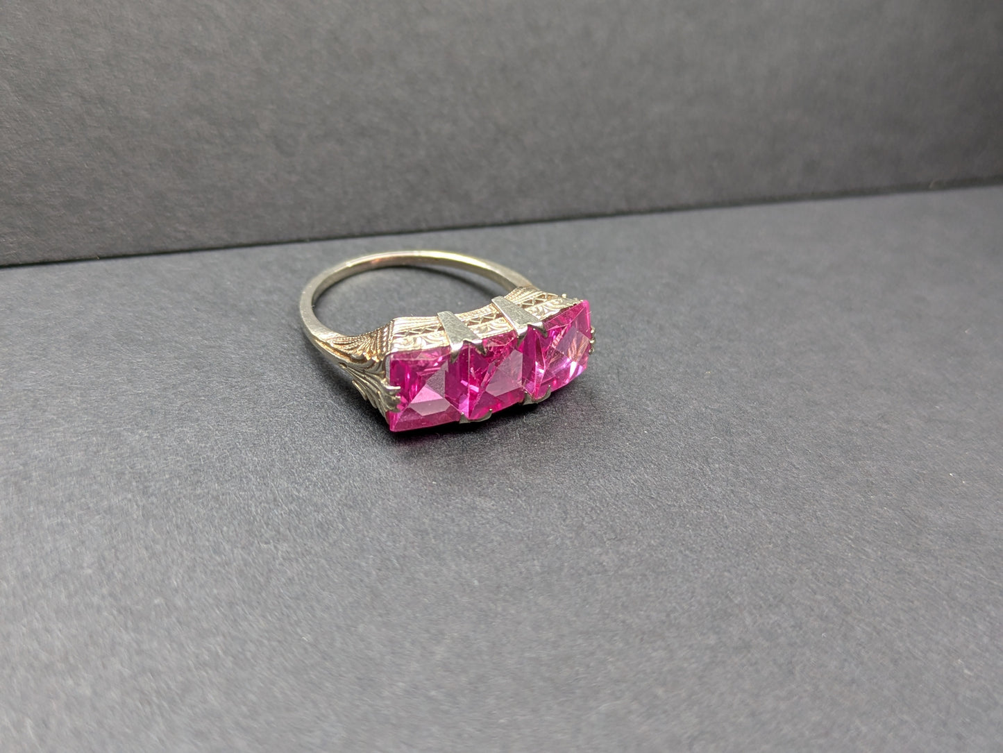 14k White Gold Pink Topaz Ring with Hand Engraving
