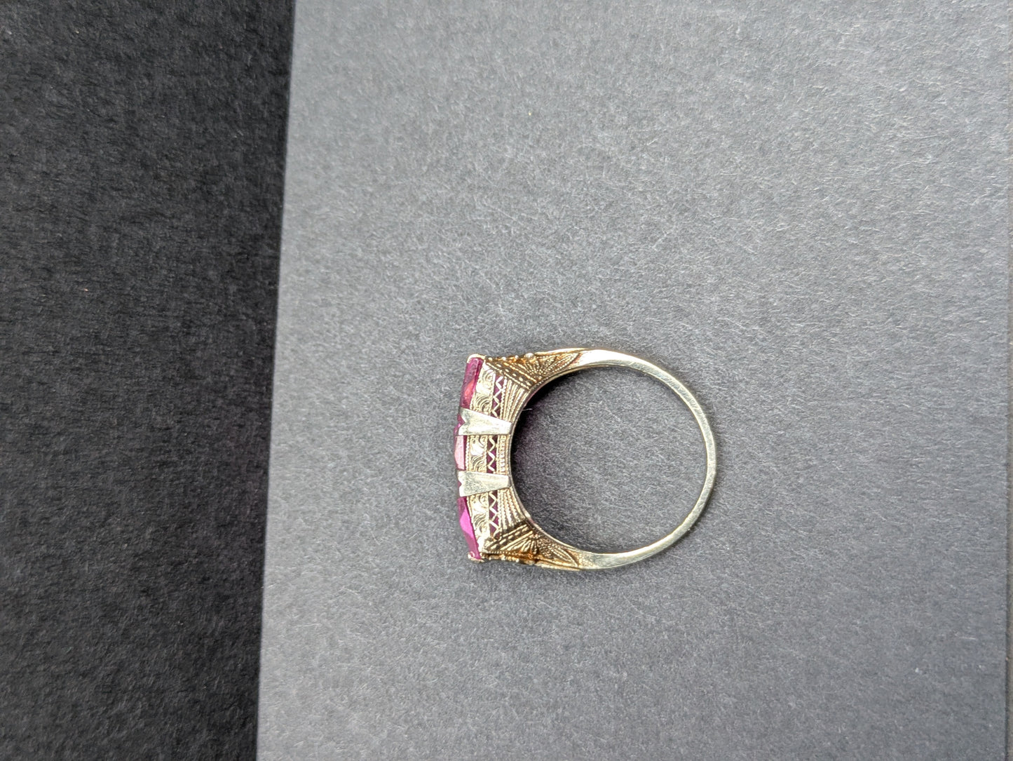 14k White Gold Pink Topaz Ring with Hand Engraving