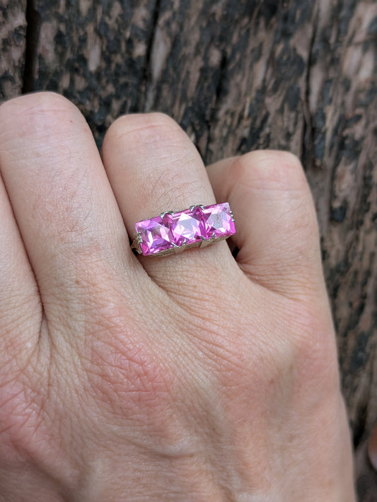 14k White Gold Pink Topaz Ring with Hand Engraving