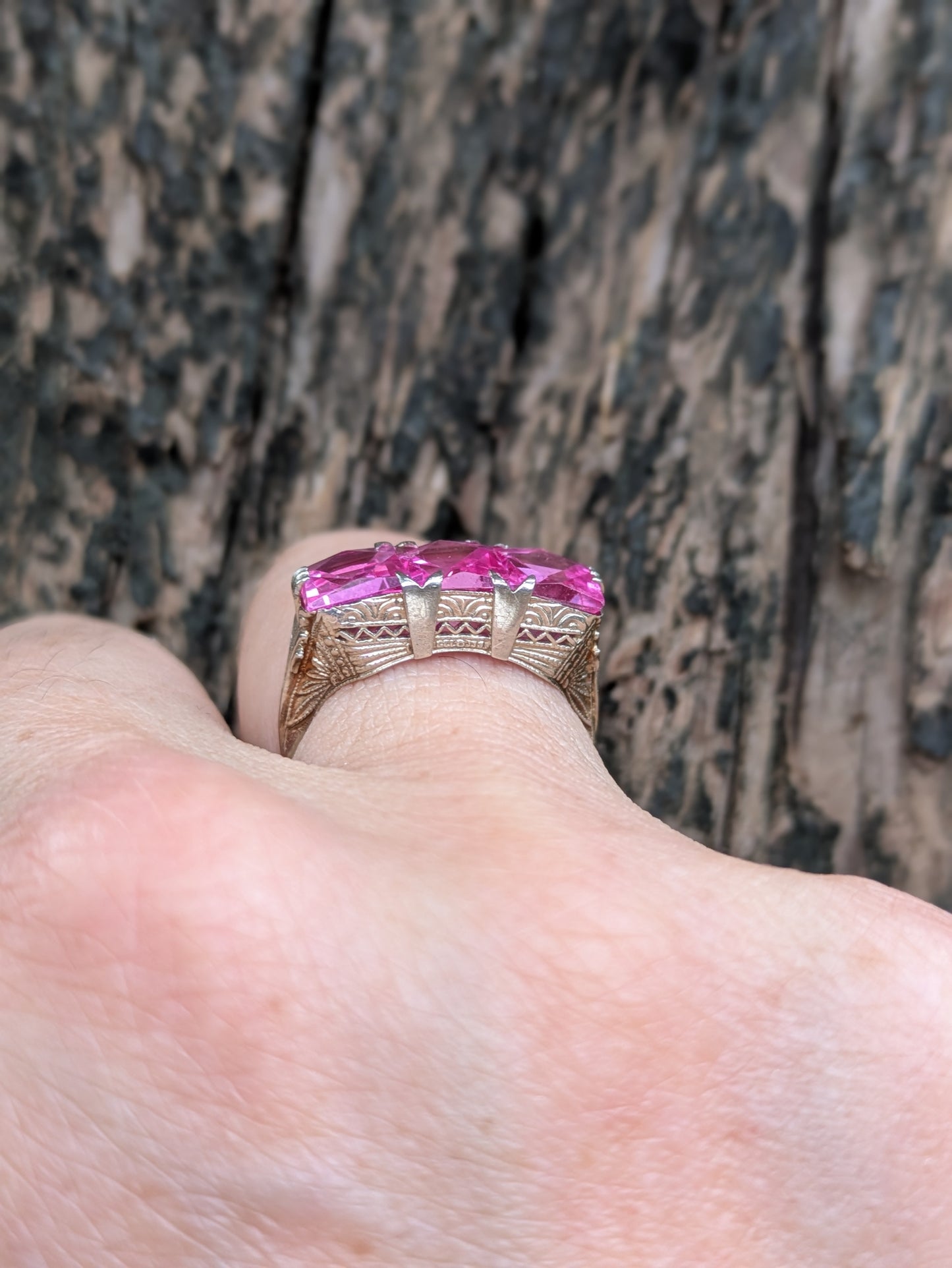 14k White Gold Pink Topaz Ring with Hand Engraving