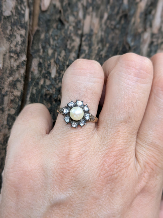14k and Silver Ring with Rose Cut Diamonds and Pearl Center
