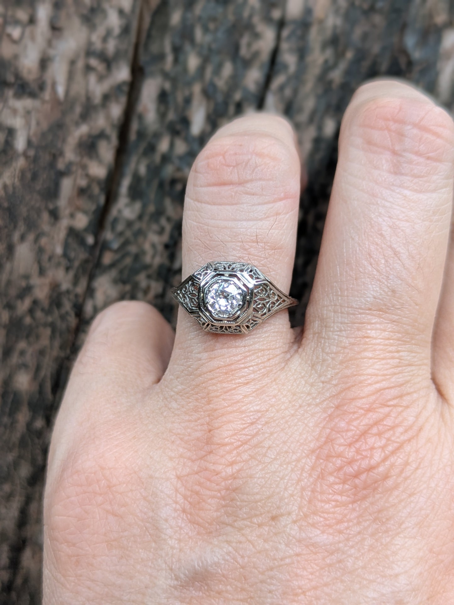 Edwardian 18k White Gold Filigree and Old European Cut Diamond Ring