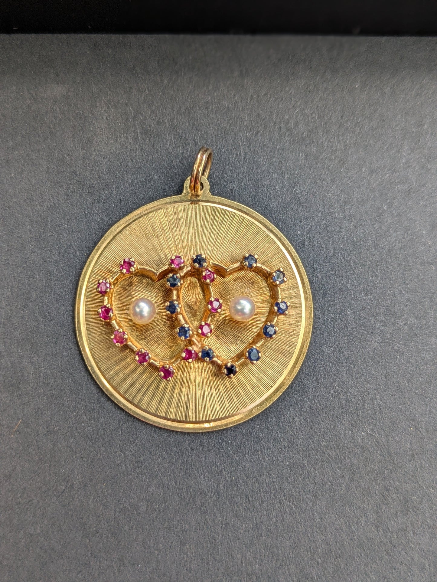 14k Large Disk Pendant with Double Heart with Sapphire, Ruby, and Pearl