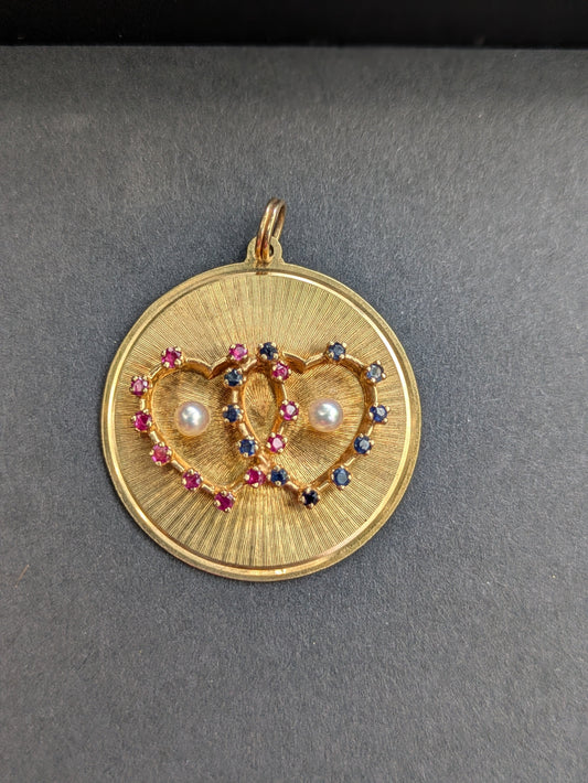14k Large Disk Pendant with Double Heart with Sapphire, Ruby, and Pearl