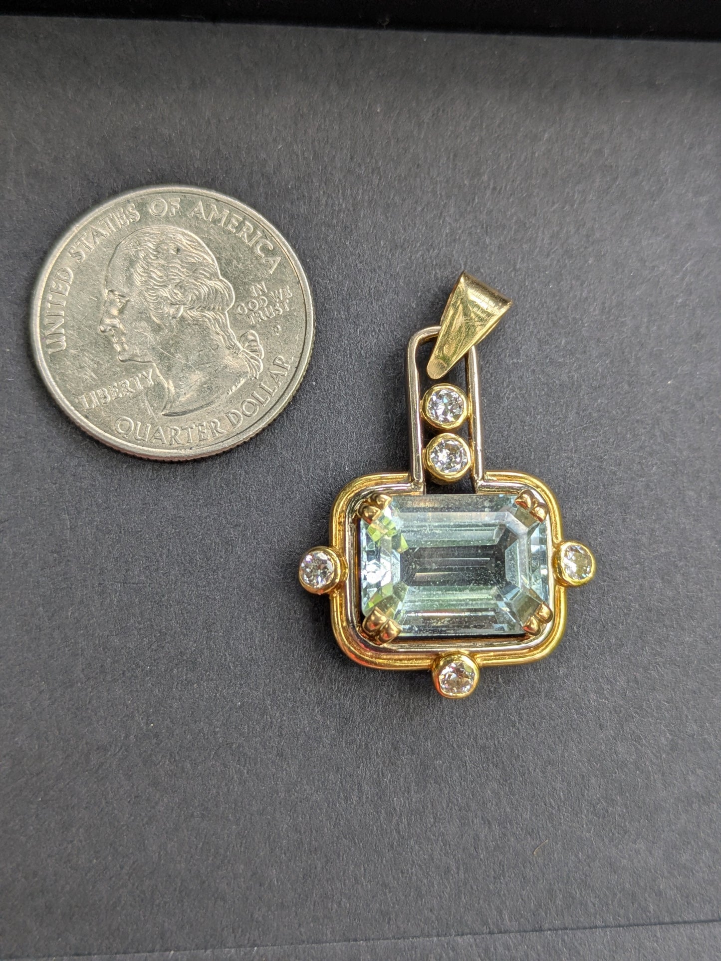 Large Midcentury Aquamarine and Diamond 14k Pendant