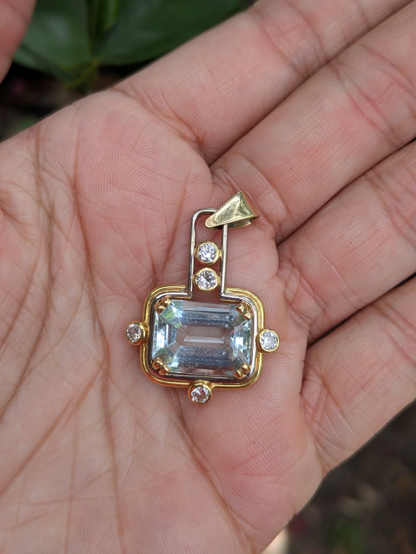 Large Midcentury Aquamarine and Diamond 14k Pendant