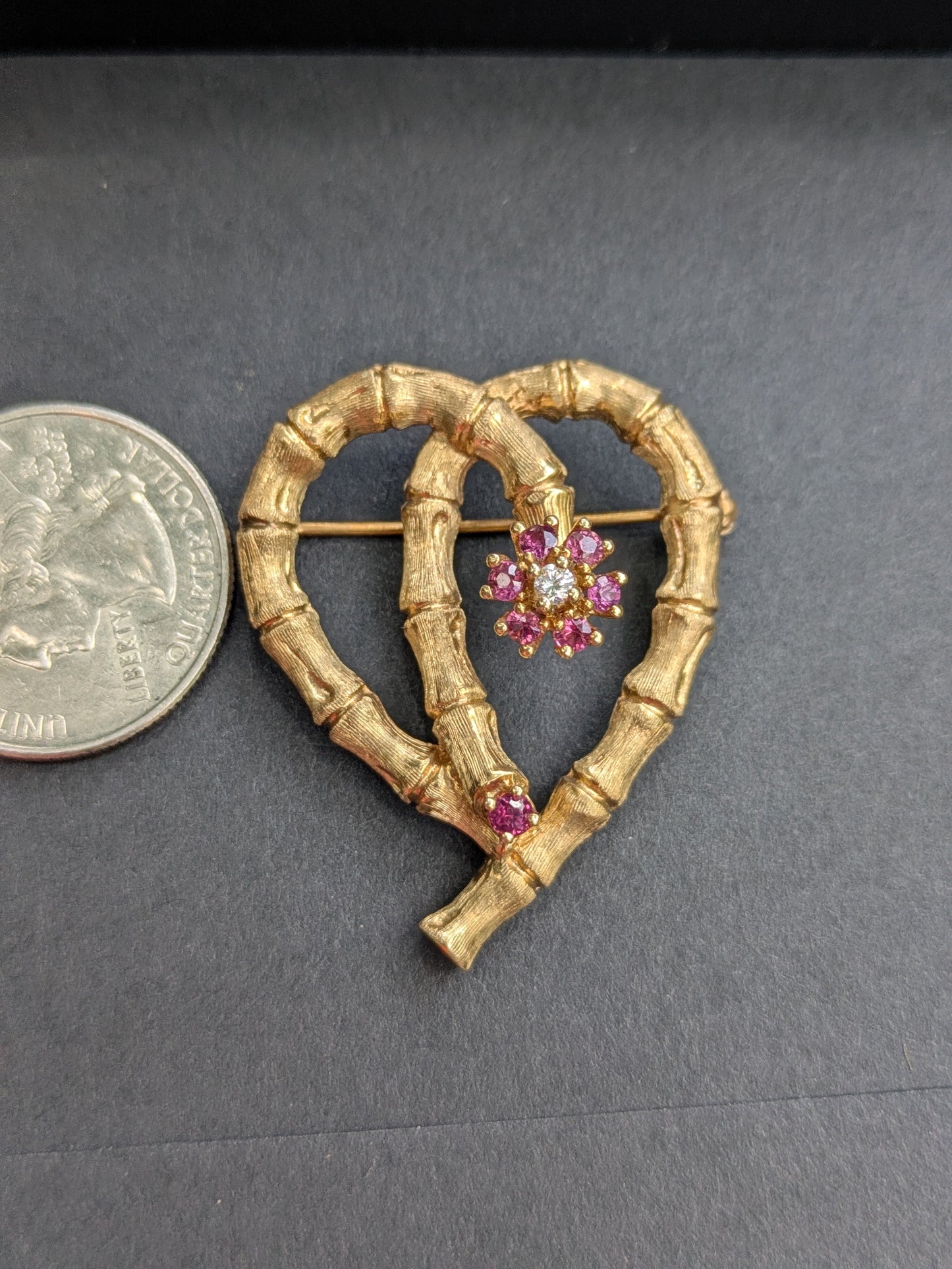 14k Ruby & Diamond Heart Bamboo Brooch