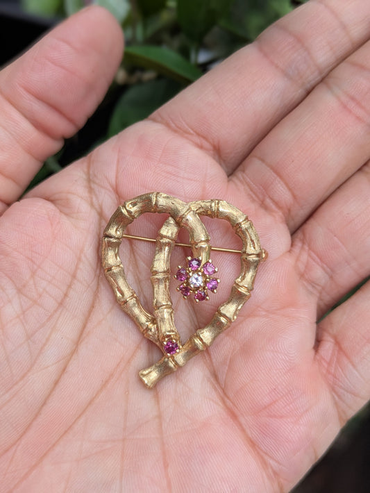 14k Ruby & Diamond Heart Bamboo Brooch