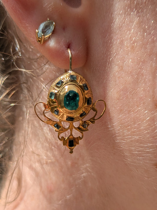 19k Iberian Earrings with Emeralds and 14k Wires