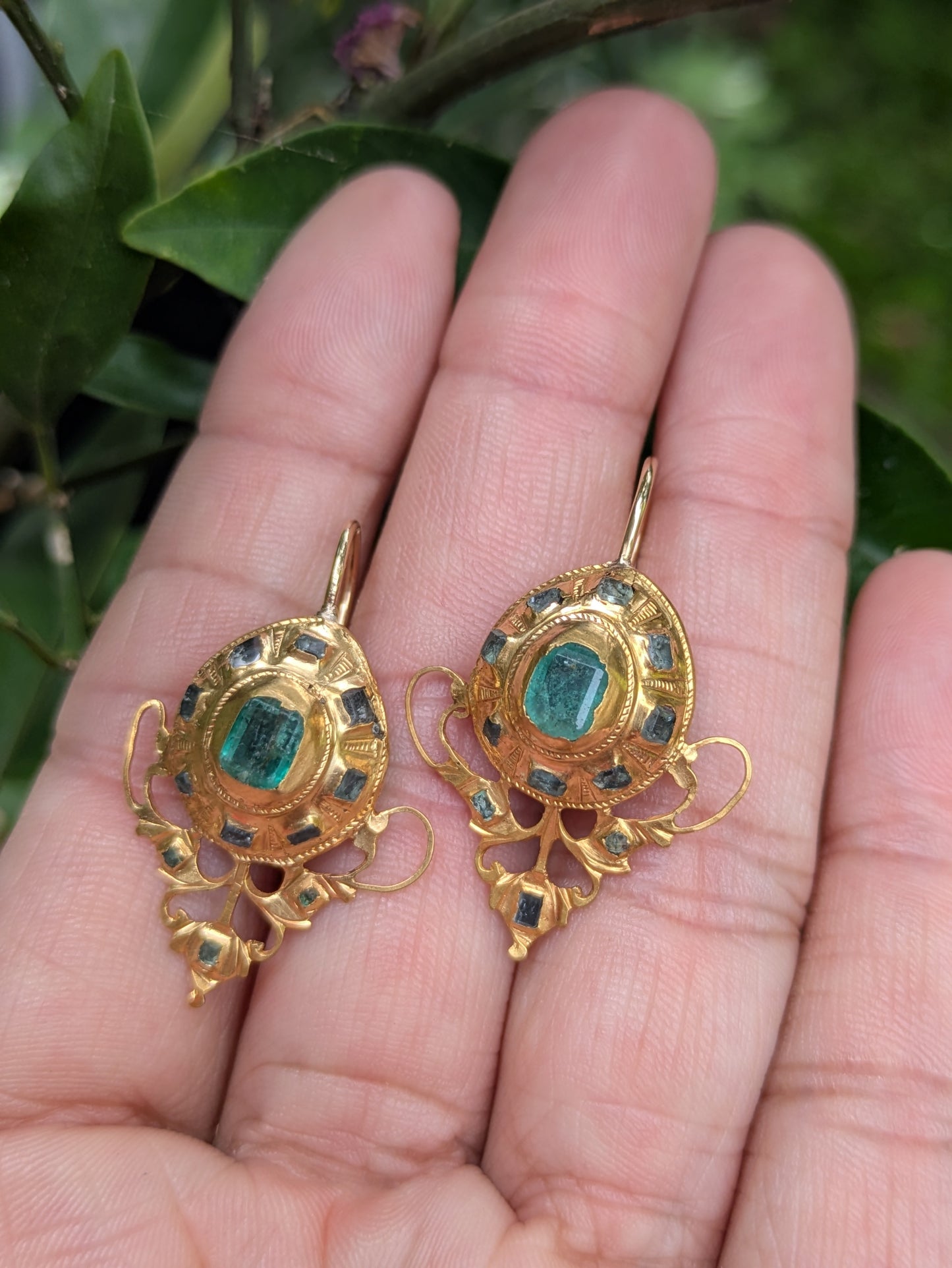 19k Iberian Earrings with Emeralds and 14k Wires