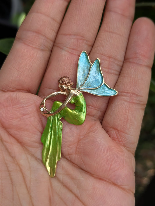 Art Nouveau 14k Style Enamel and Diamond Fairy Pendant