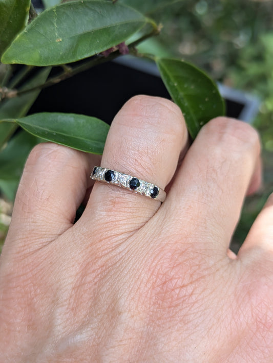9k White Gold English Half Band with Sapphire and Diamond Fishtail