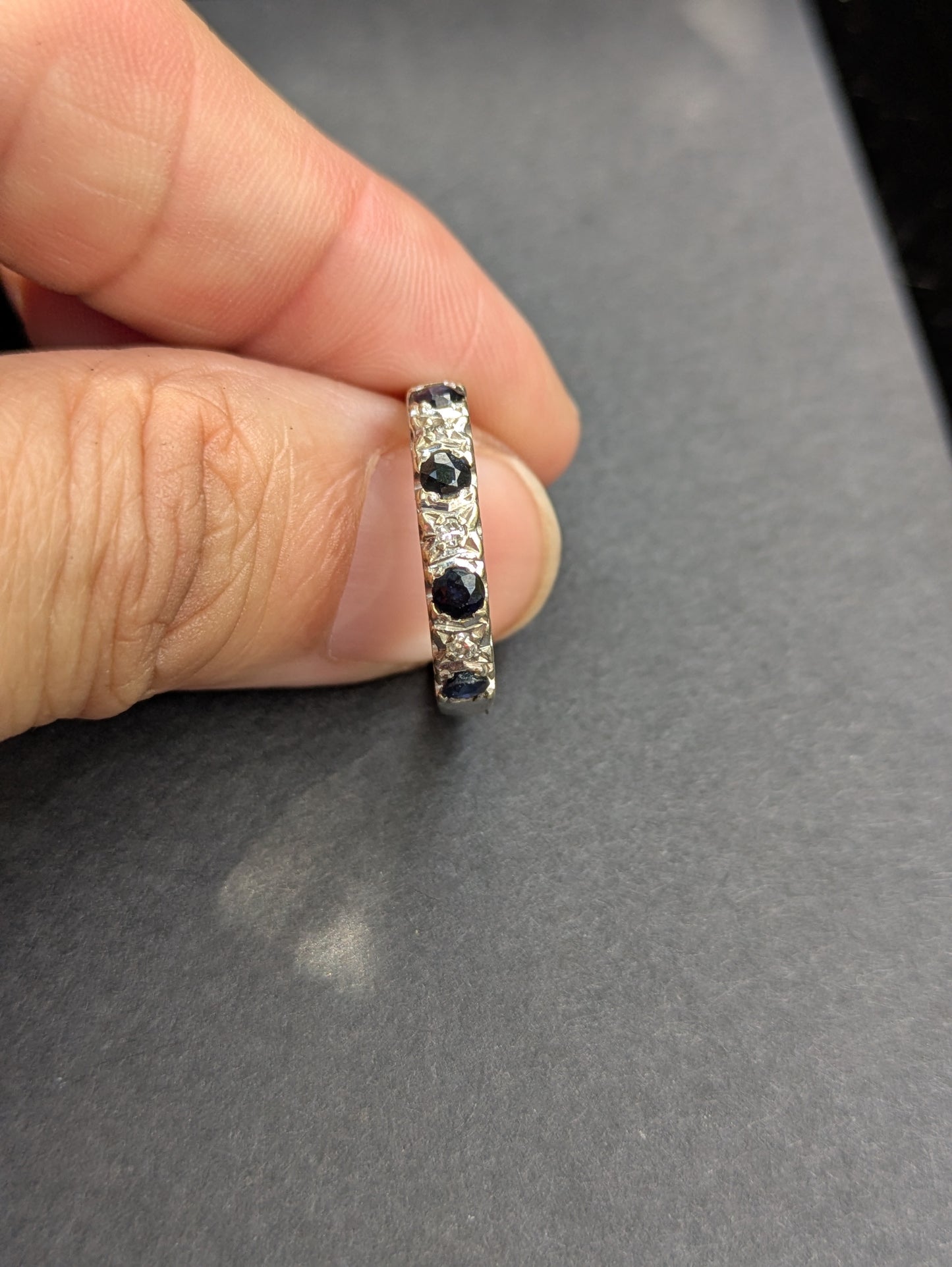 9k White Gold English Half Band with Sapphire and Diamond Fishtail