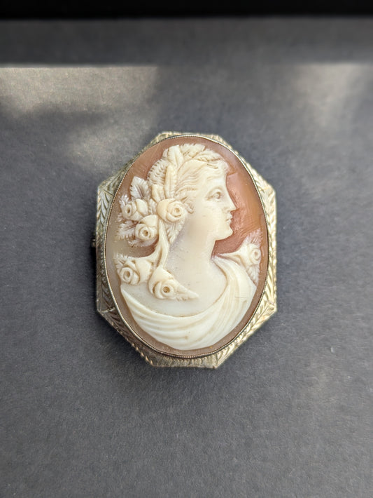 10k White Gold Framed Shell Cameo Pin/Pendant