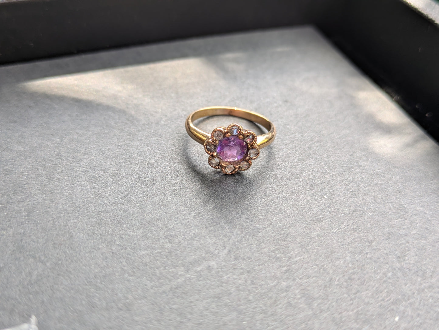 Antique Halo Mounting Ring with Single Cut Diamonds and Purple Sapphire