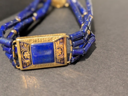 14k Enamel Watch Case Converted to Bracelet with Lapis Center and Beads