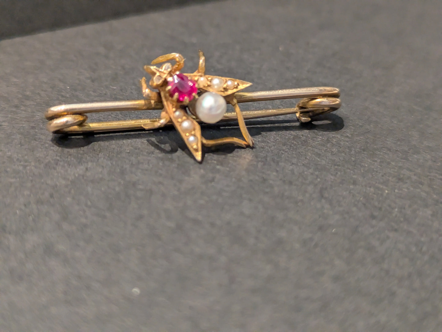 15k Victorian Fly Pin with Pearl and Glass