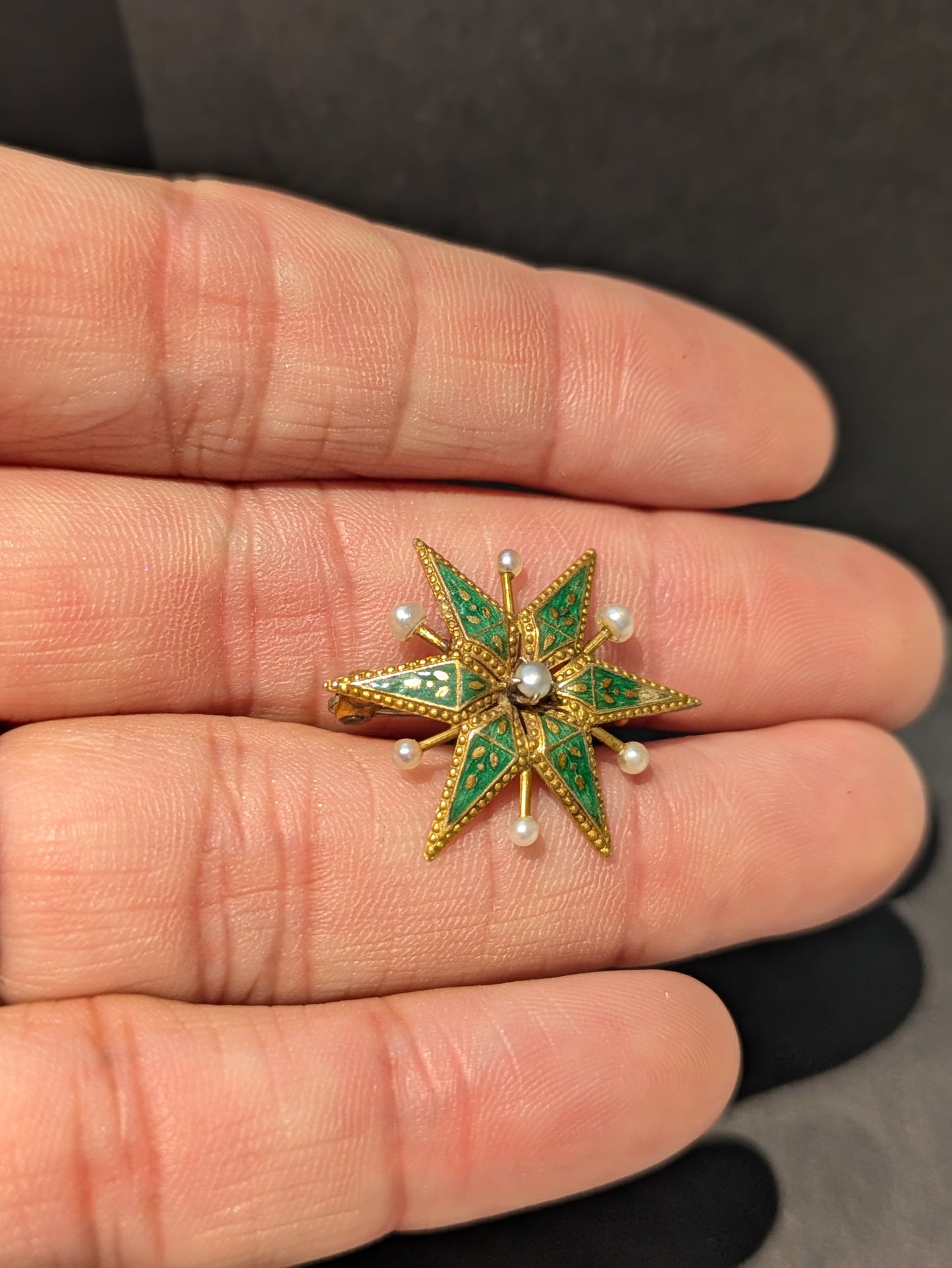 10k Green Enamel Star Pin with Pearl