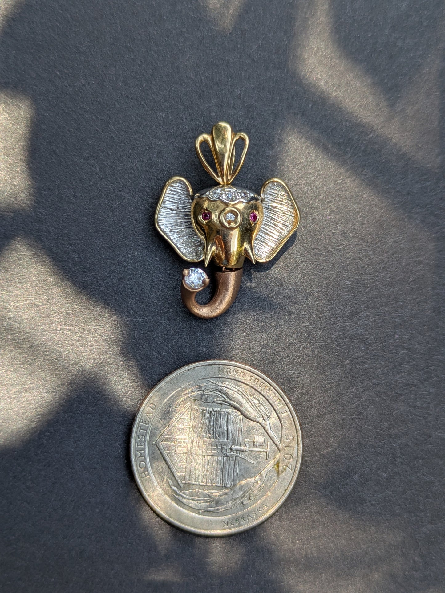 14k Two Tone Elephant Pendant with Moving Trunk, Diamond, and Ruby
