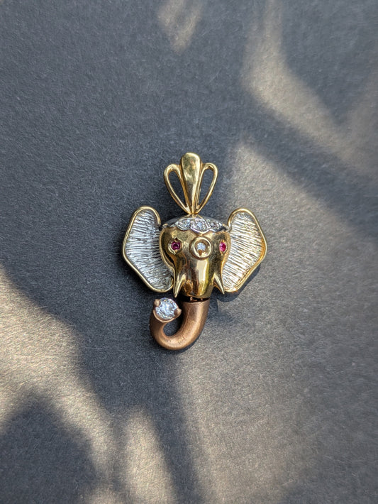 14k Two Tone Elephant Pendant with Moving Trunk, Diamond, and Ruby