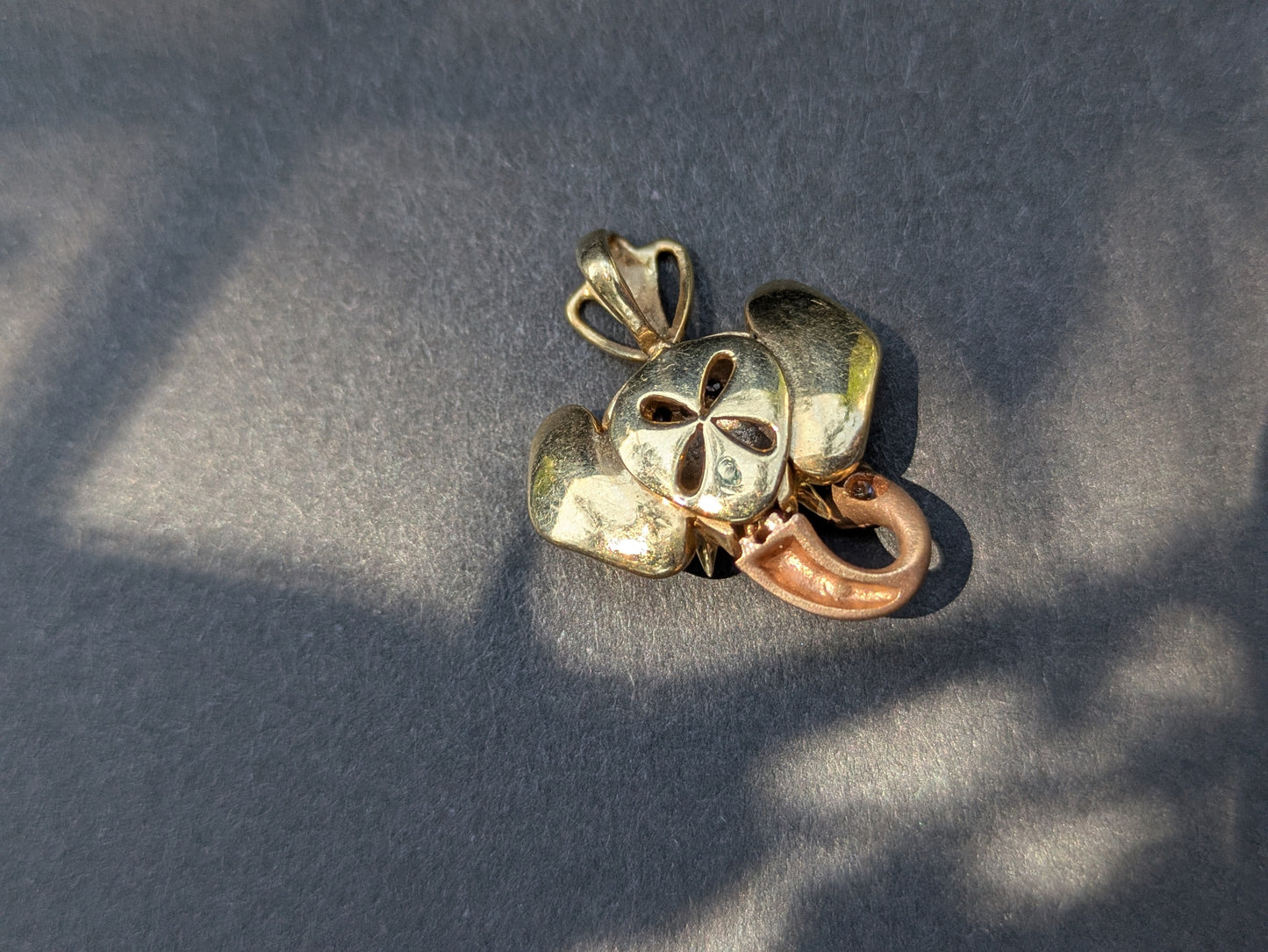 14k Two Tone Elephant Pendant with Moving Trunk, Diamond, and Ruby
