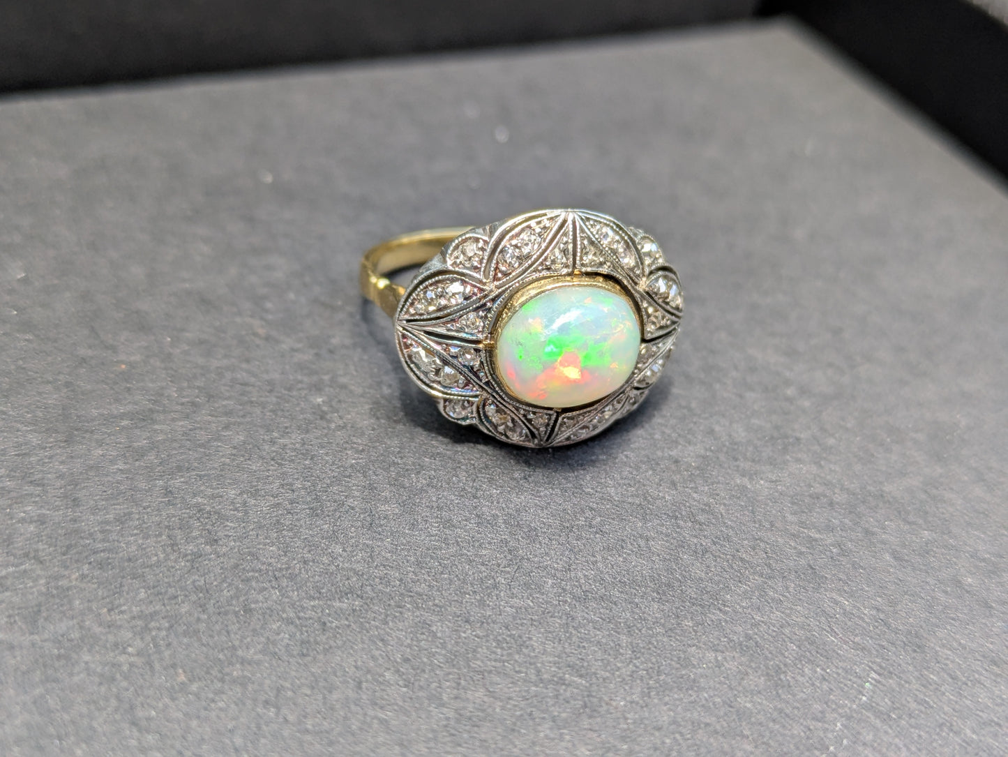 14k Gold Ring with Silver Top set with Single Cut Diamonds and Cabachon Opal