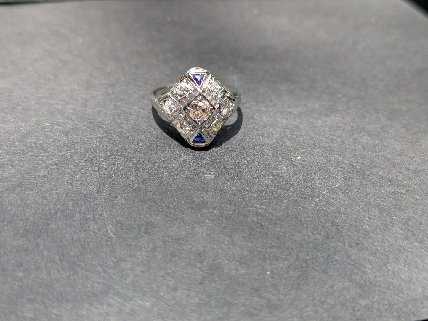 Old European Cut Diamond and Sapphire 18k White Gold Cocktail Ring