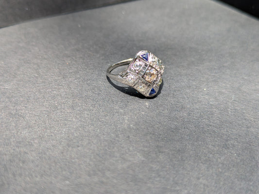 Old European Cut Diamond and Sapphire 18k White Gold Cocktail Ring