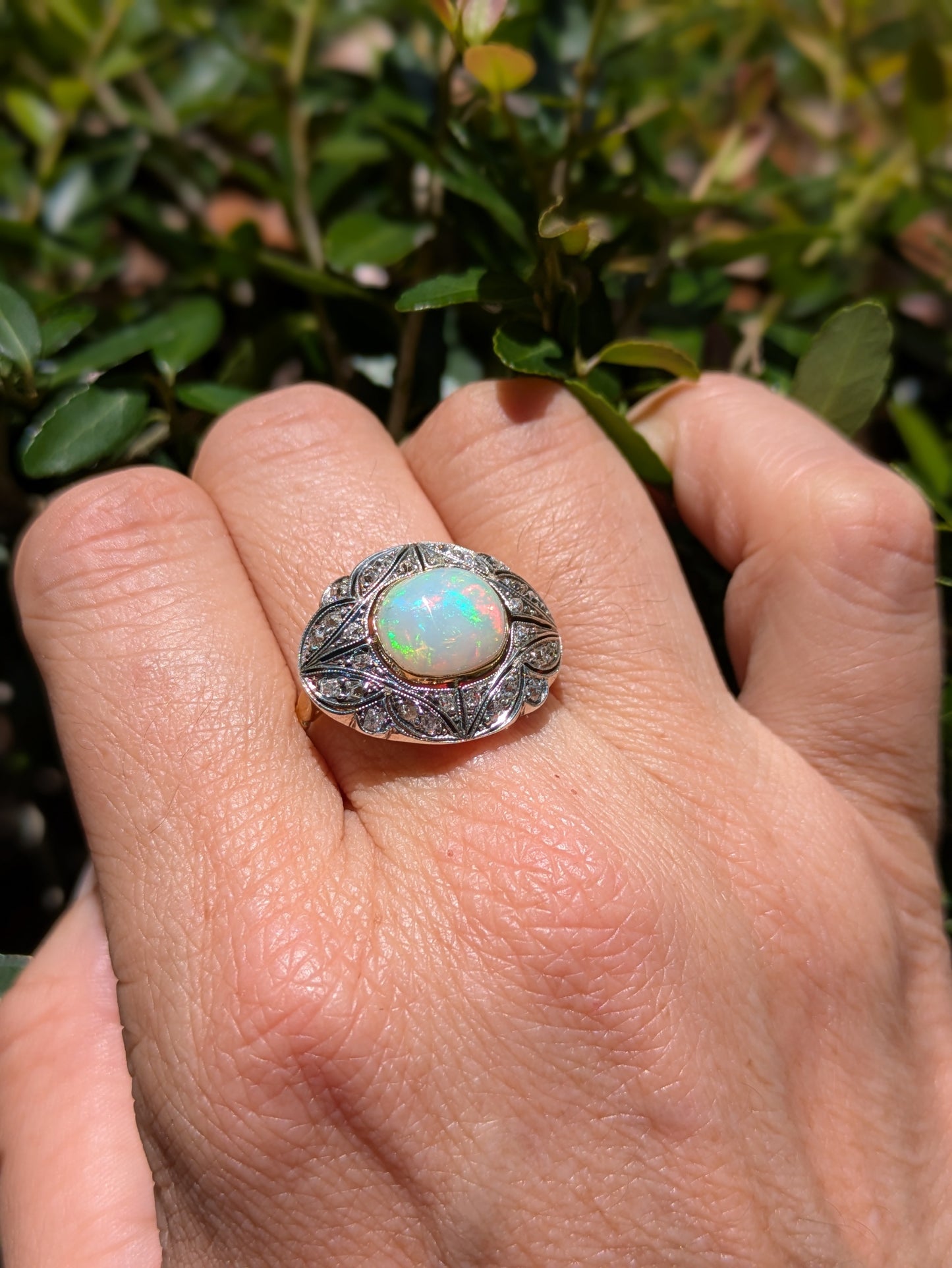 14k Gold Ring with Silver Top set with Single Cut Diamonds and Cabachon Opal