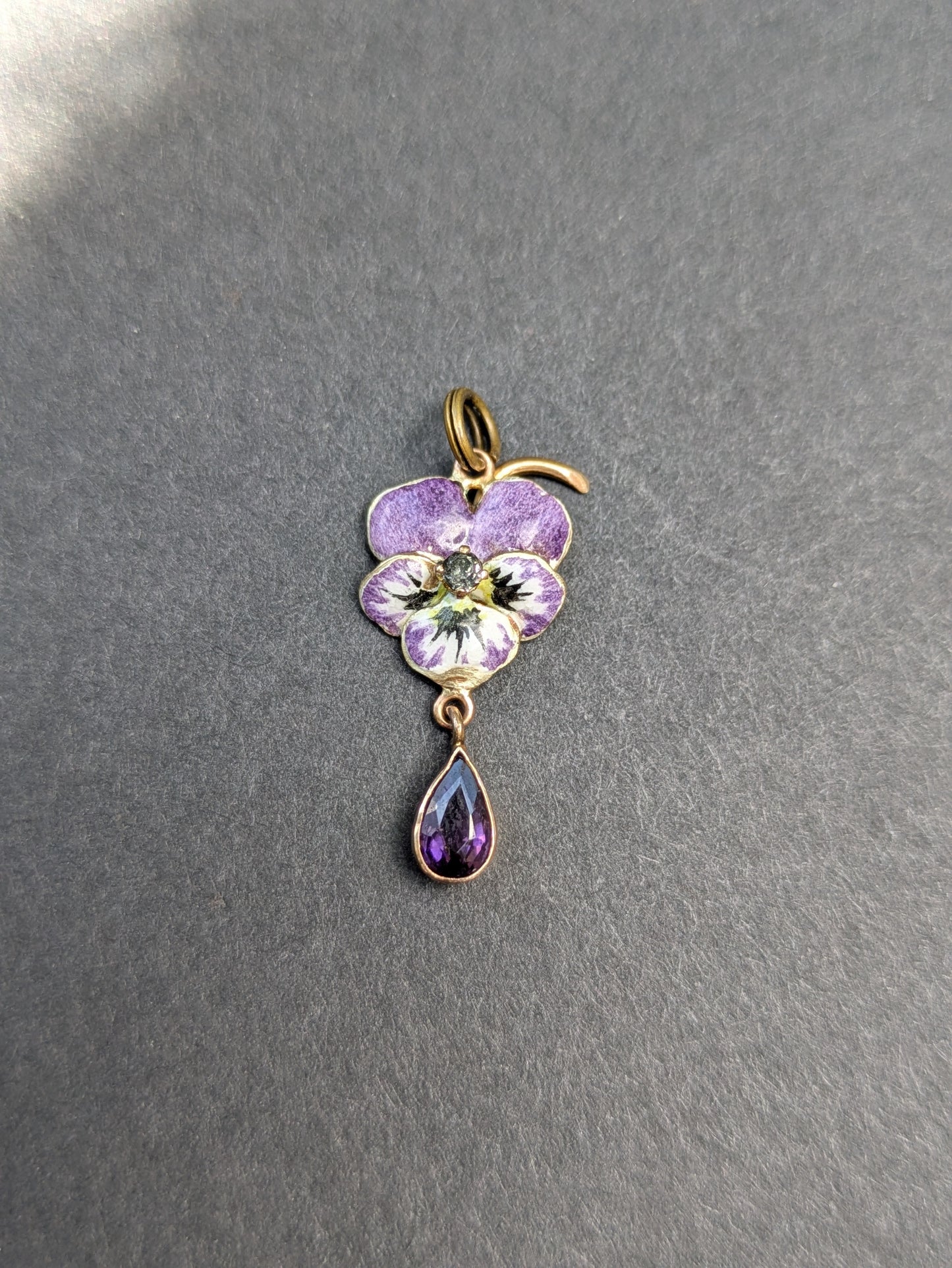14k Enamel Pansy Pendant with Sapphire Center and Amethyst Lavalier