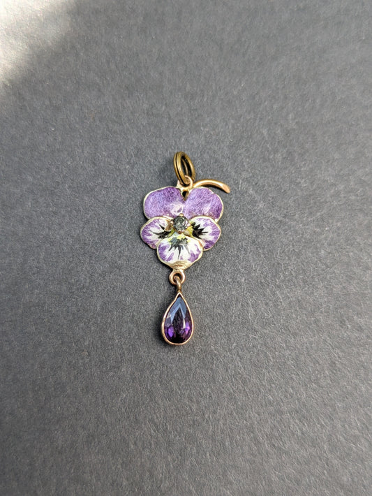 14k Enamel Pansy Pendant with Sapphire Center and Amethyst Lavalier