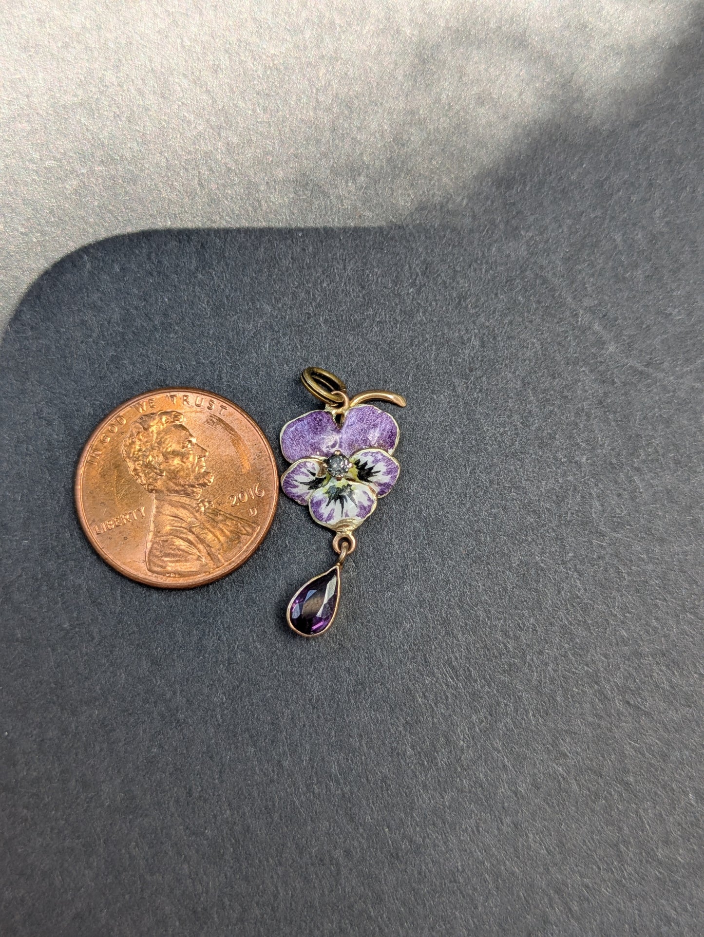 14k Enamel Pansy Pendant with Sapphire Center and Amethyst Lavalier