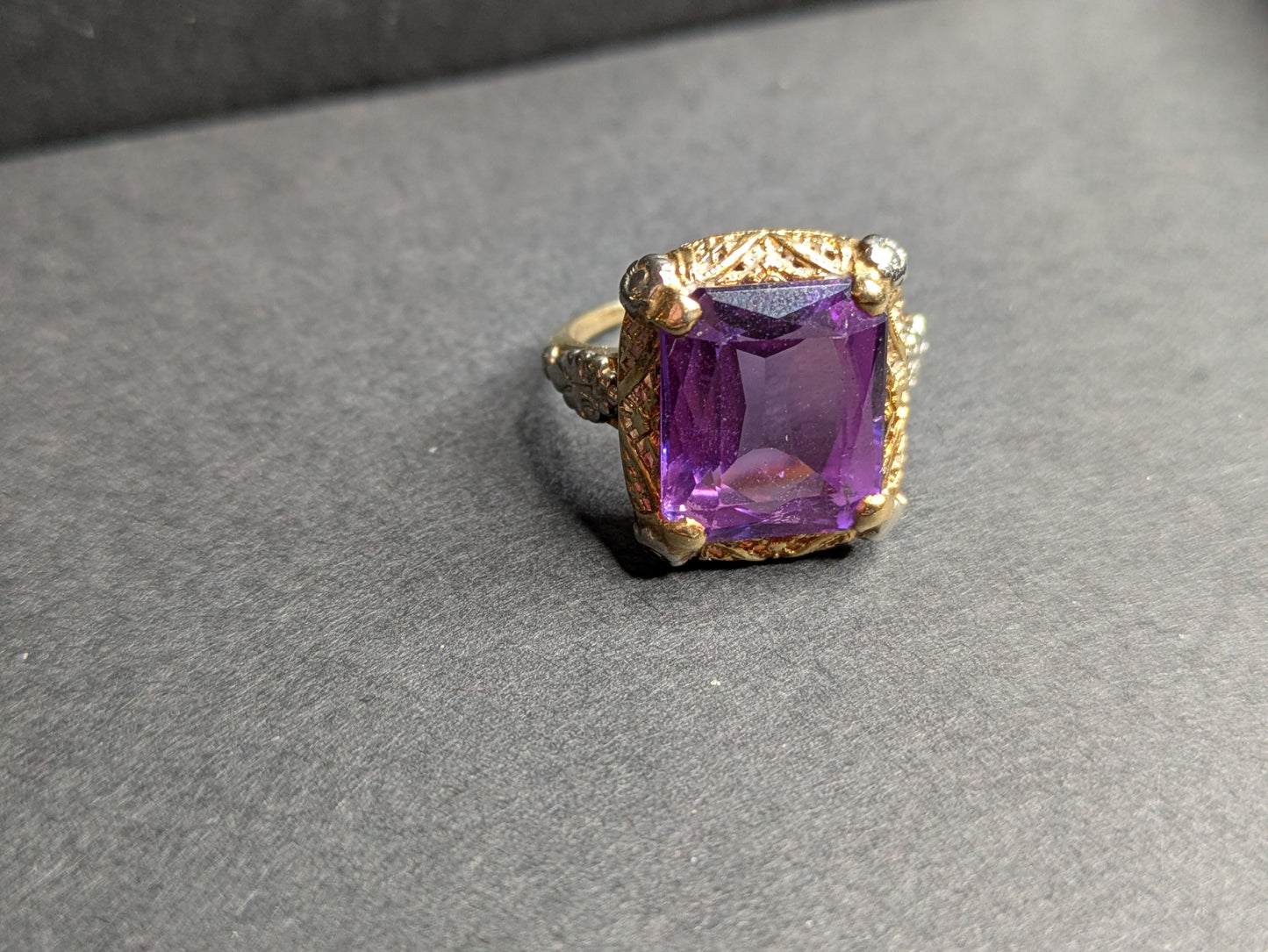 14k Large Emerald Cut Amethyst Two Tone Gold Filigree Ring