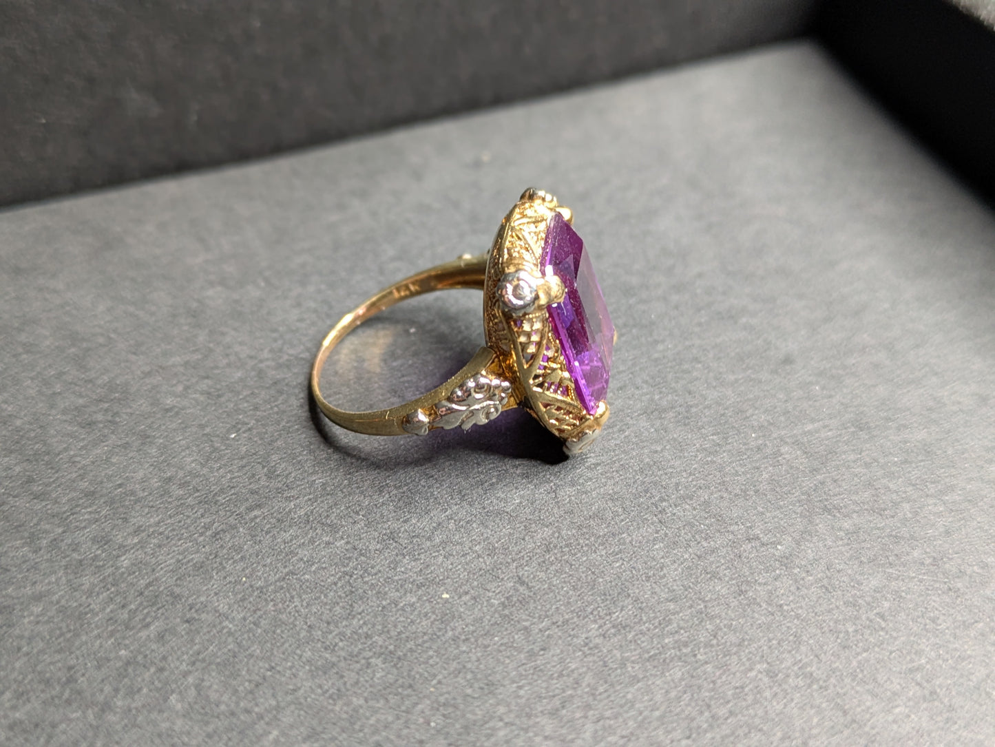 14k Large Emerald Cut Amethyst Two Tone Gold Filigree Ring