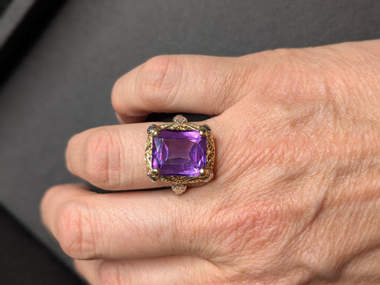 14k Large Emerald Cut Amethyst Two Tone Gold Filigree Ring