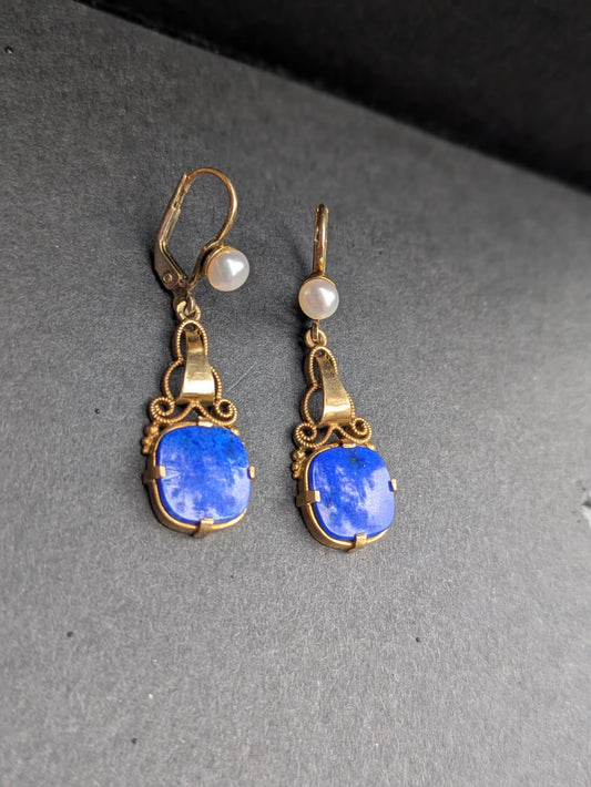 8k German Lapis and Pearl Drop Earrings