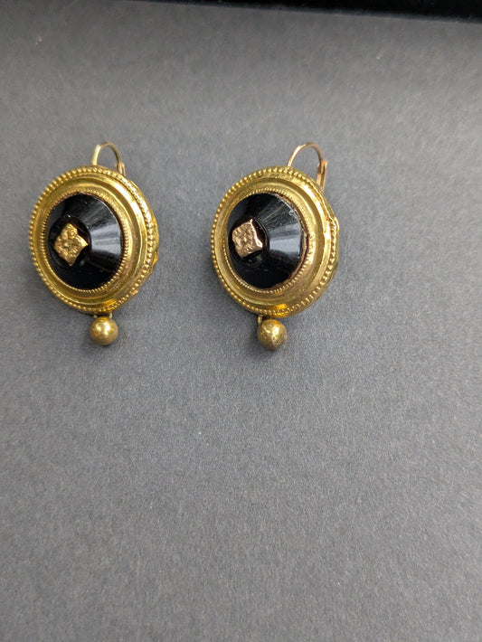 14k 1880's Dutch Button Earrings with Onyx