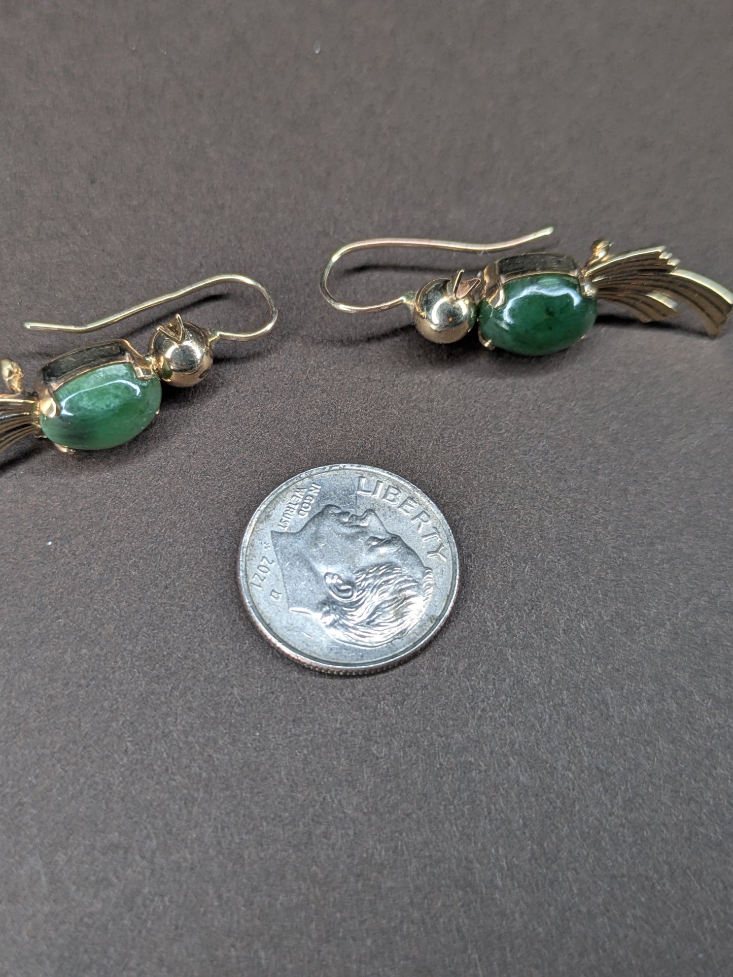 14k Bird Earrings with Jade Belly
