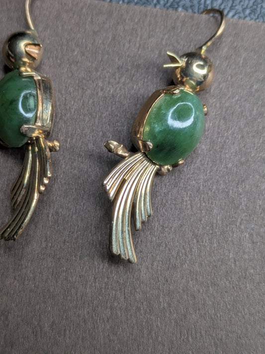 14k Bird Earrings with Jade Belly
