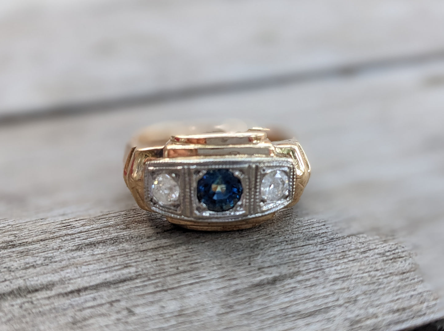 Three stone sapphire and diamond ring - two tone 14k