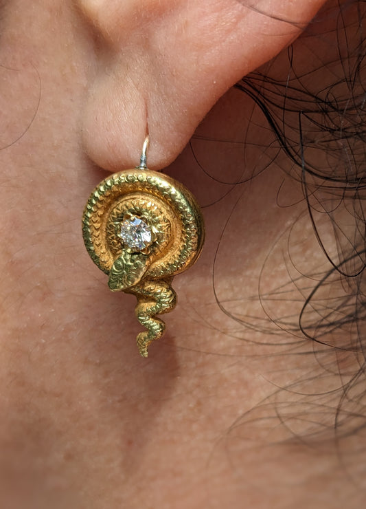 Snake earrings with diamonds on leverbacks