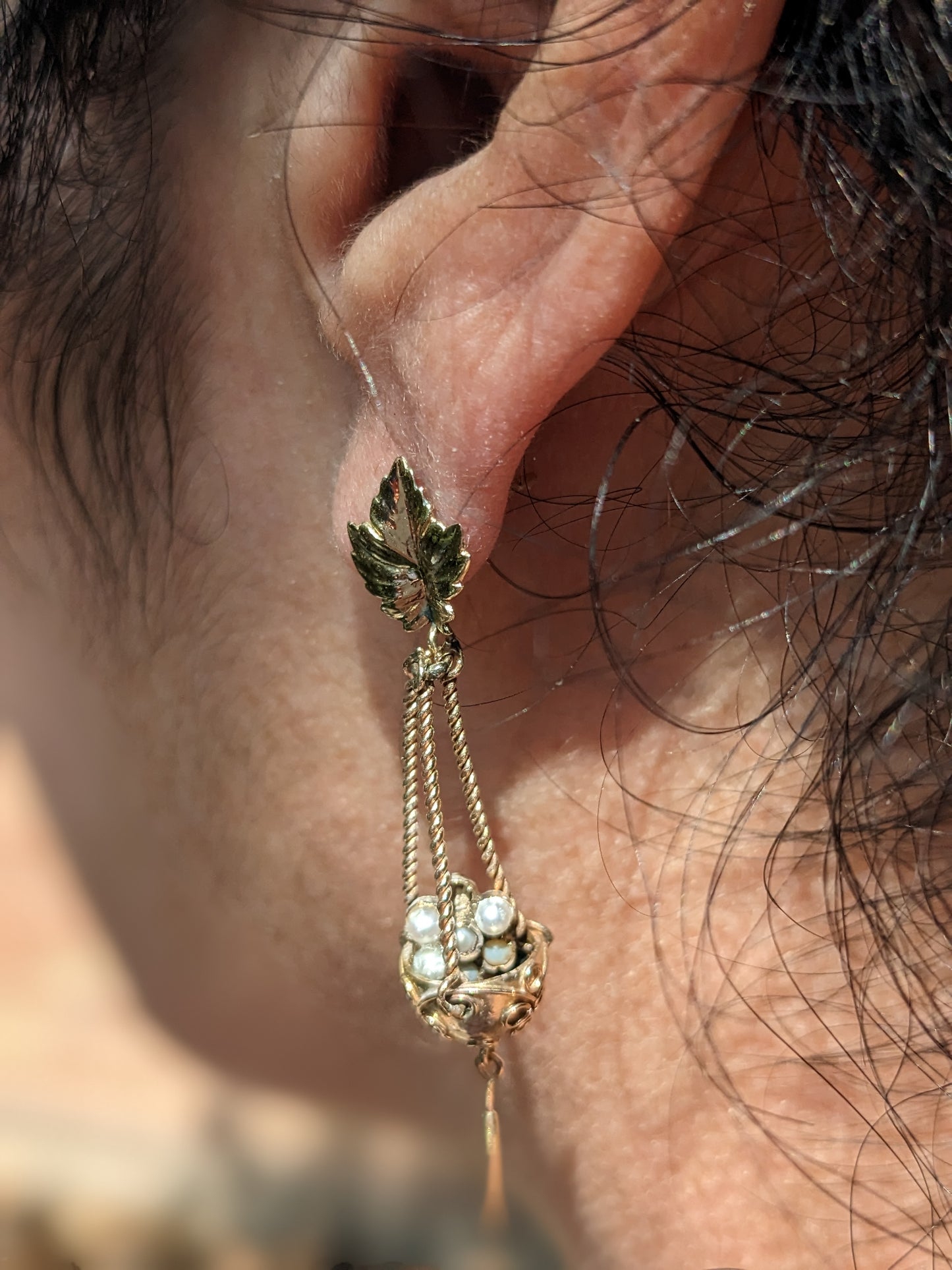 Victorian long basket earrings with pearl flowers