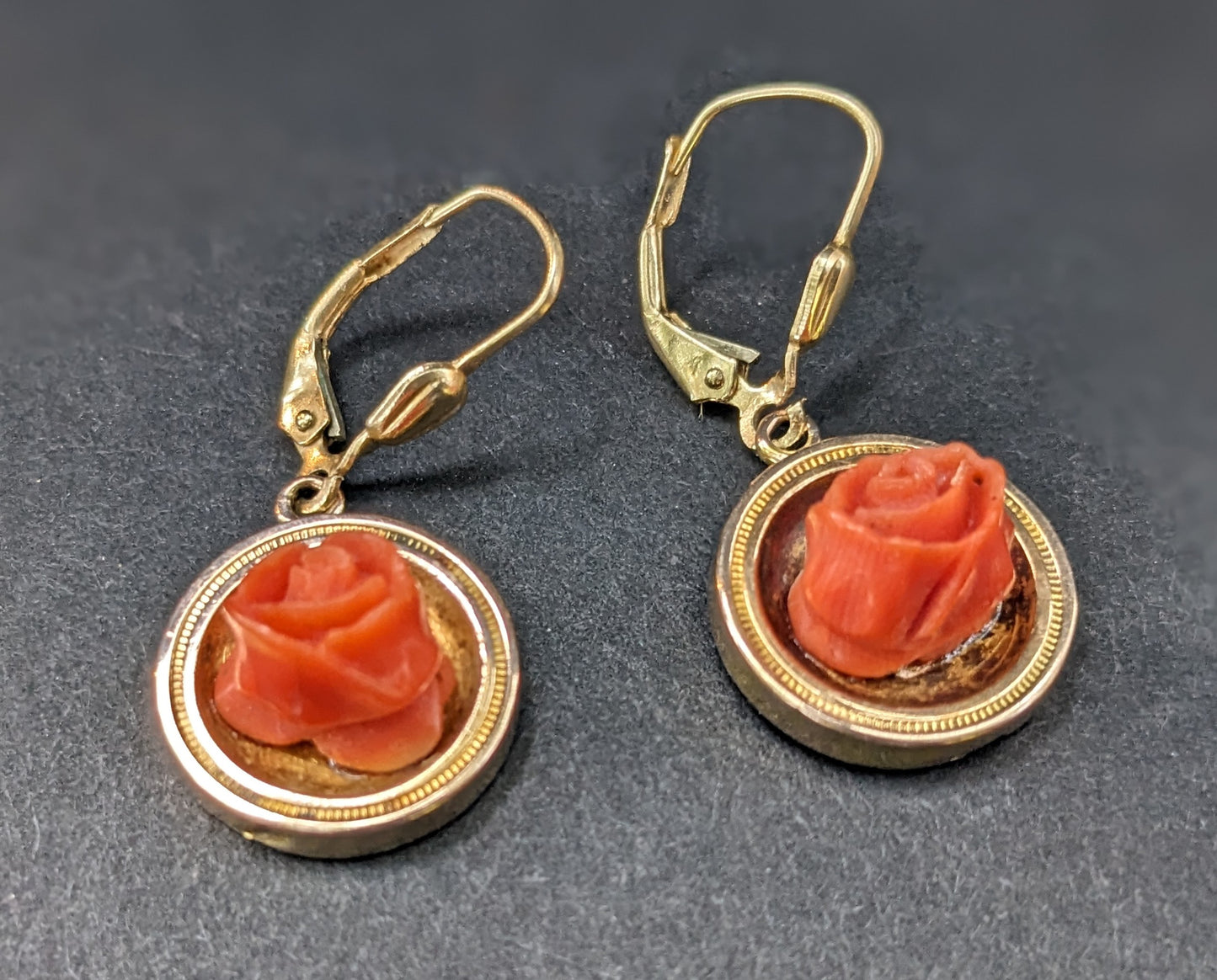 Carved Coral Rose Victorian Earrings