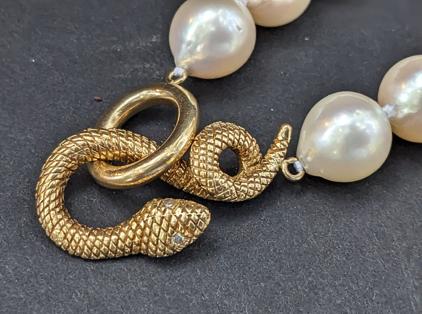 14k Gold, Diamond, and Pearl Necklace with snake clasp