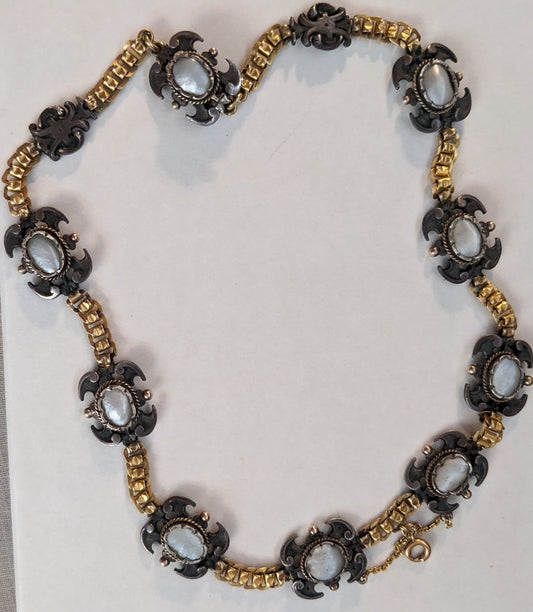 German 1870s 14k Gold and Mother of Pearl Necklace