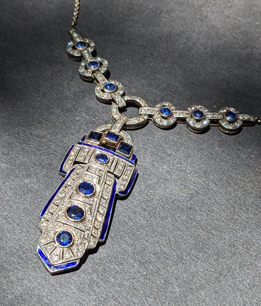 Art Deco 18k Diamond and Sapphire Enamel Necklace