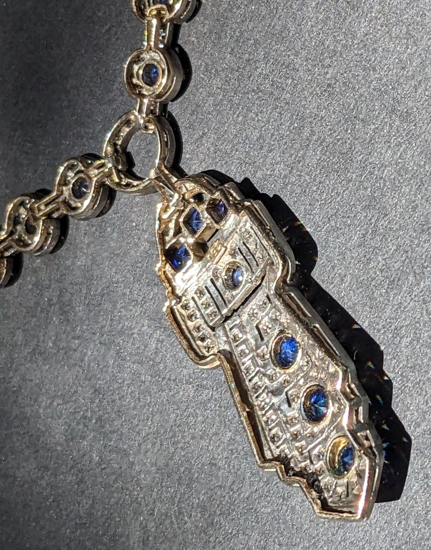 Art Deco 18k Diamond and Sapphire Enamel Necklace